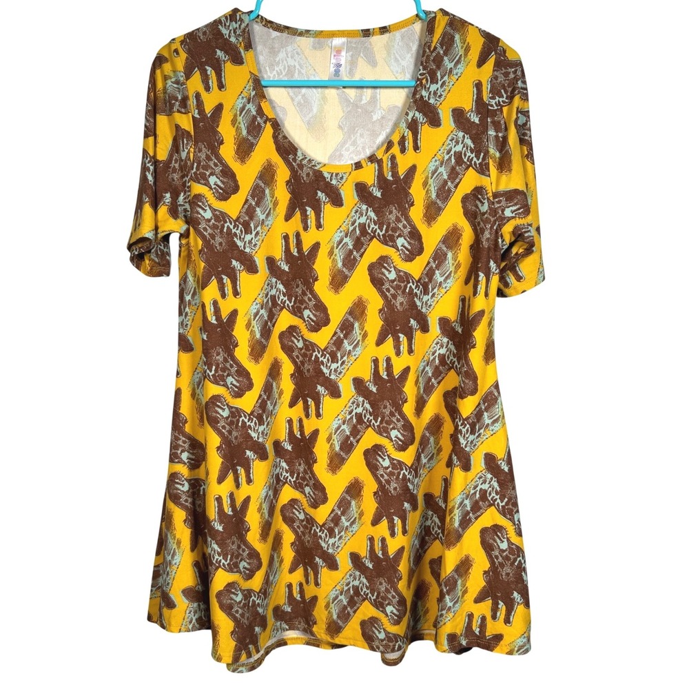 LuLaRoe Giraffe Print Tunic Top Mustard Yellow Short Sleeve Scoop Neck Zoo XS